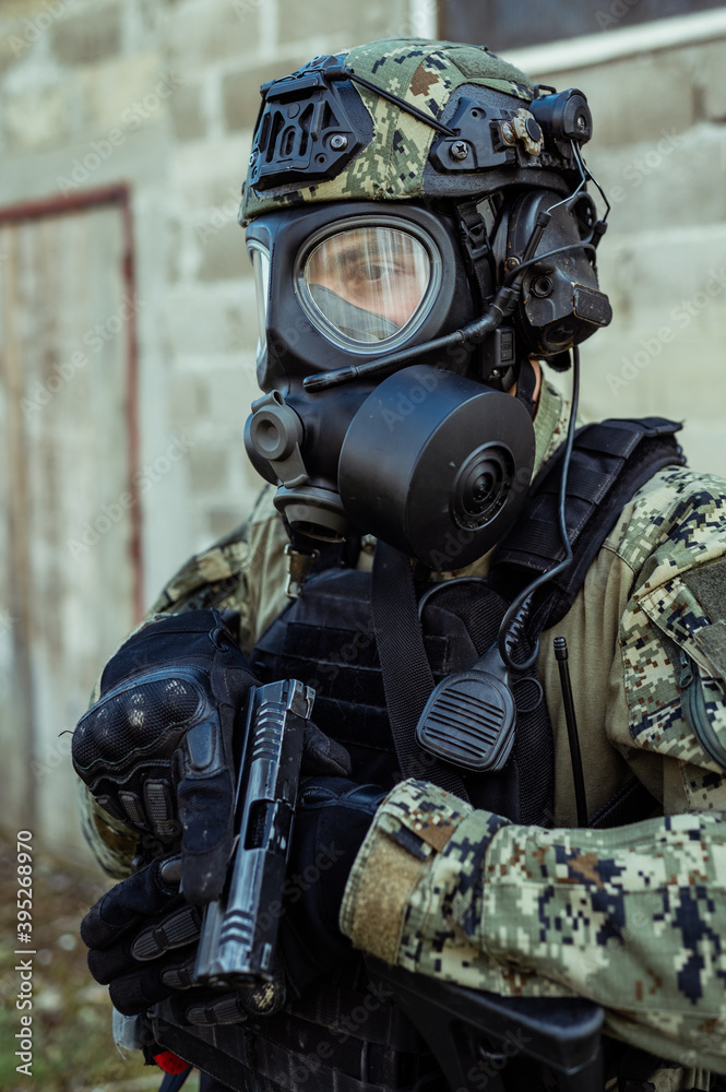 Croatian soldier in Cropat woodland uniform wearing gas mask M95. Croatian soldier in Cropat woodland uniform wearing gas mask M95.