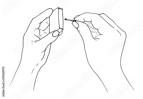 Hands holding a match and box black and white vector illustration. hand drawn sketch style hands with matches top view