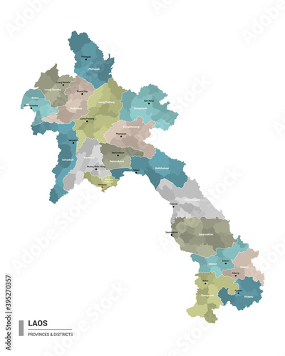 Laos higt detailed map with subdivisions. Administrative map of Laos with districts and cities name, colored by states and administrative districts. Vector illustration. photo