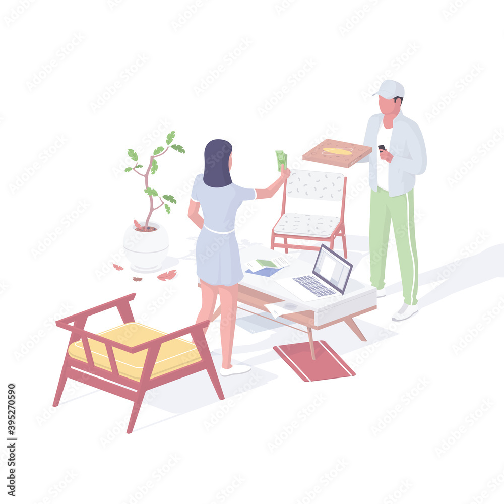 Courier delivery food home isometric vector. Male character hands ordered pizza box into hands of customer.
