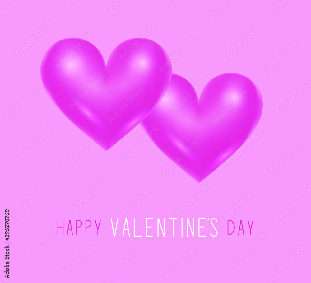 Happy Valentine's Day card. Love sign pink realistic two hearts illustration. 10 eps design. 