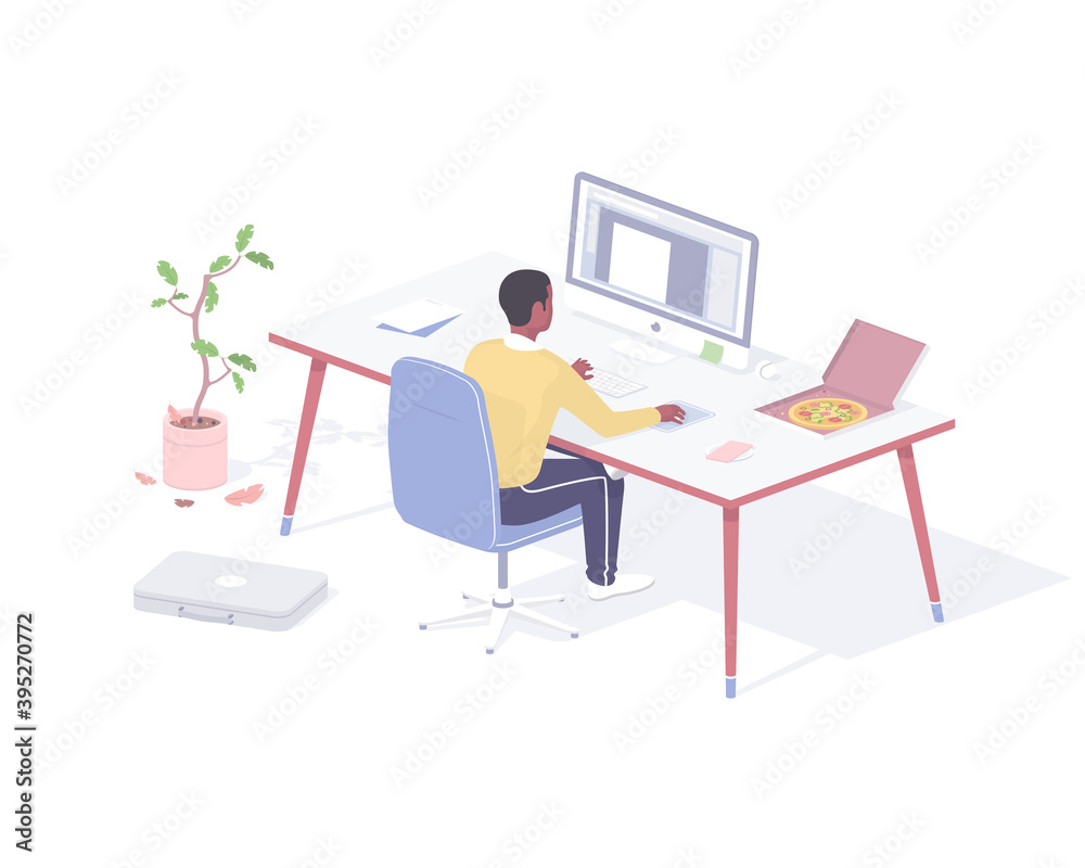 Man eating snack at workplace realistic isometry. Male character sitting computer in office with an open pizza box. Man eating snack at workplace realistic isometry. Male character sitting computer in office with an open pizza box.