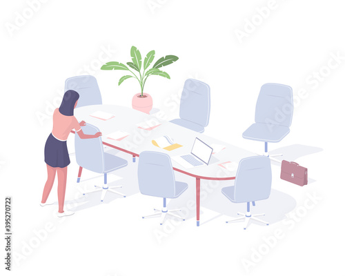 Woman prepares office for business meeting isometric illustration. Female secretary character arranges chairs tidies up before conference.