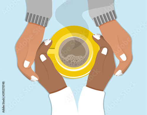 Female hands hold cups of coffee. Vector illustration of two friends drinking coffee, cappuccino.