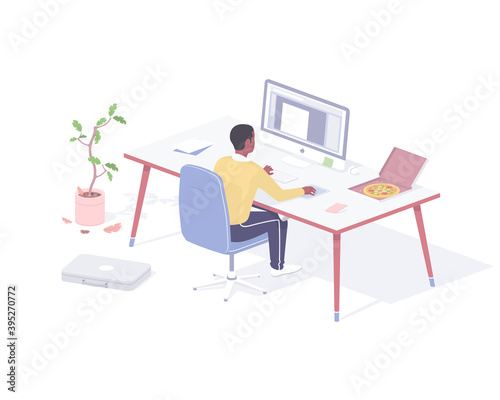 Man eating snack at workplace realistic isometry. Male character sitting computer in office with an open pizza box.