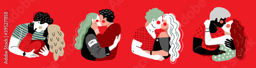 Set of vector illustrations of kissing couples. Lovers embrace passionately. The girl touches the guy's face. The man holds the woman by the neck.