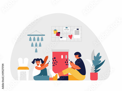 Mother and daughter painting furniture together at home