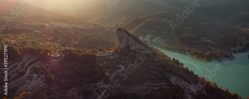 Aerial photography Guadalest Reservoir horizontal view. Spain