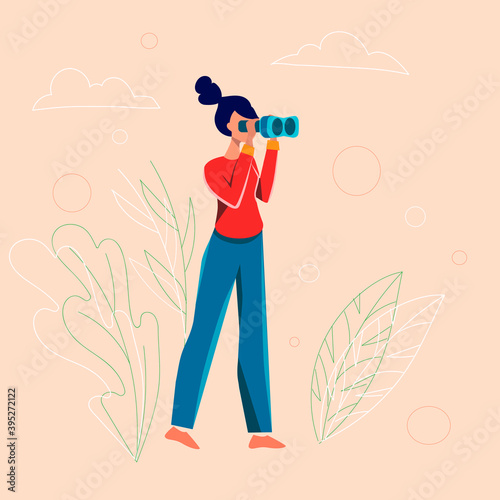 Woman looking through binoculars, vector illustration