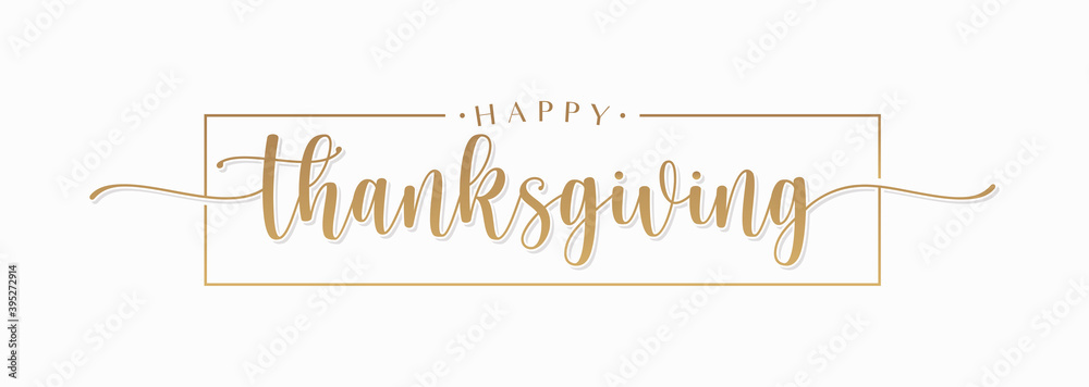 Fototapeta Happy Thanksgiving Handwriting Lettering Calligraphy with Gold Text Color, isolated on white background. Vector Graphic Illustration for Banner, Poster, Greeting cards, Web, Presentation.