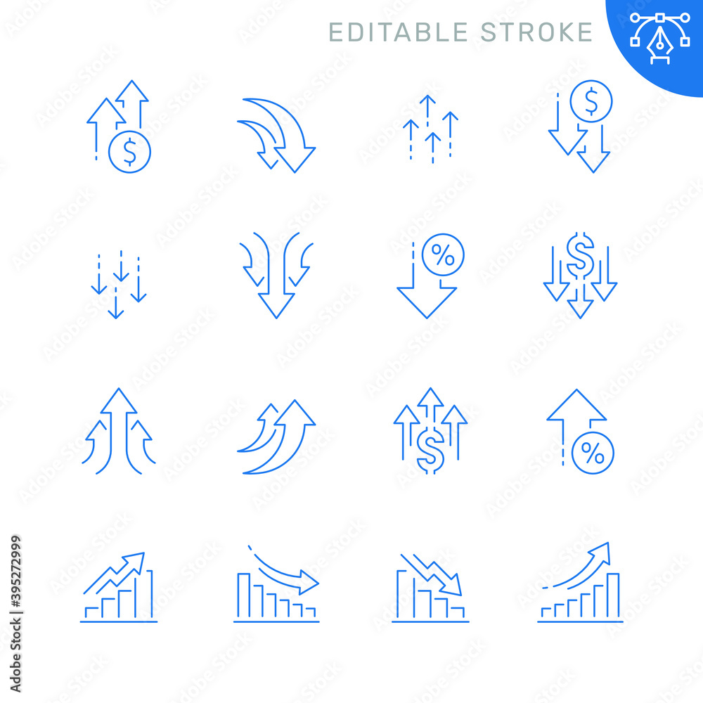 Increase and decrease related icons. Editable stroke. Thin vector icon set