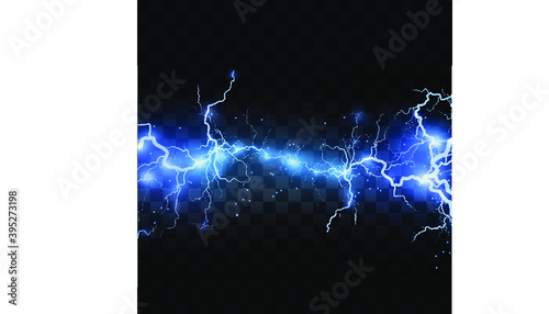 Realistic lightning bolts on a black transparent background. the charge of energy is powerful.Accumulation of electric orange and blue charges.A natural phenomenon. Magic effect. Lightning PNG.	