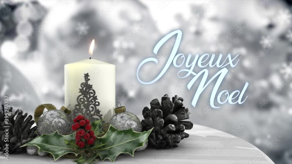 3D CGI of a Christmas Candle Table Decoration, in cool white and silver with a shiny holly sprig and an abstract ice-themed background.� with stylish animated text with the message �Joyeux Noel�