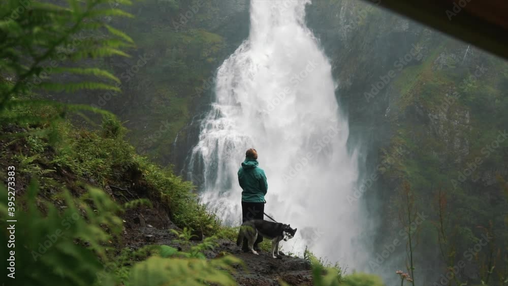 Powerful waterfall slow motion with a girl and a dog Powerful waterfall slow motion with a girl and a dog