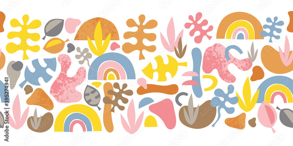 Abstract shapes seamless vector border. Cut out plants and rainbow shapes seamless horizontal pattern. Organic Hand paper cutting matisse style collage illustration. 