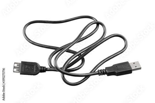 USB extension cord black isolated on white background.
