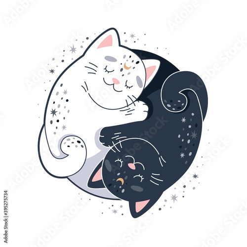 Yin Yang cats, cute circular design with two hugging cats. Vector illustration