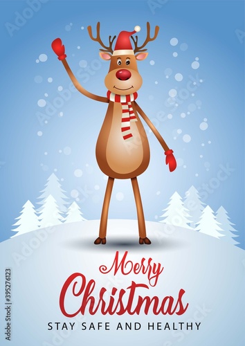 Merry Christmas poster, greetings. reindeer  wearing Santa hat. Vector illustration.