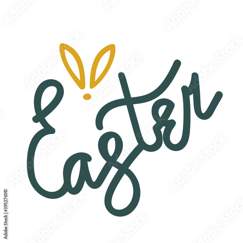 Creative lettering Easter color in Tidewater Green and funny rabbit ears color in Fortuna Gold isolated. Easter, holidays concept.