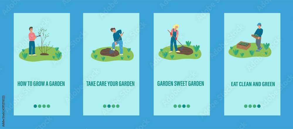 Garden work mobile app template. People are engaged in gardening, planting trees and plants. Flat vector illustration.