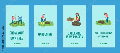 Garden work mobile app template. People are engaged in gardening, planting trees and plants. Flat vector illustration.