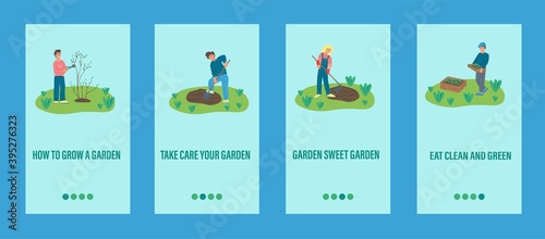 Garden work mobile app template. People are engaged in gardening, planting trees and plants. Flat vector illustration.
