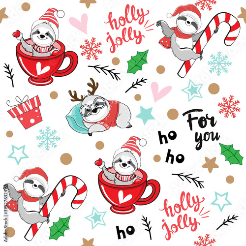 Christmas and New Year sloths seamless pattern. Vector cartoon illustration. Funny animals