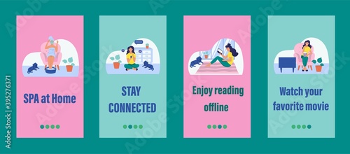 Daily life mobile app template. Concept of home Affairs, self-isolation, sports at home. Flat vector illustration.