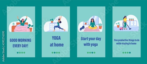 Daily life mobile app template. Concept of home Affairs, self-isolation, sports at home. Flat vector illustration.