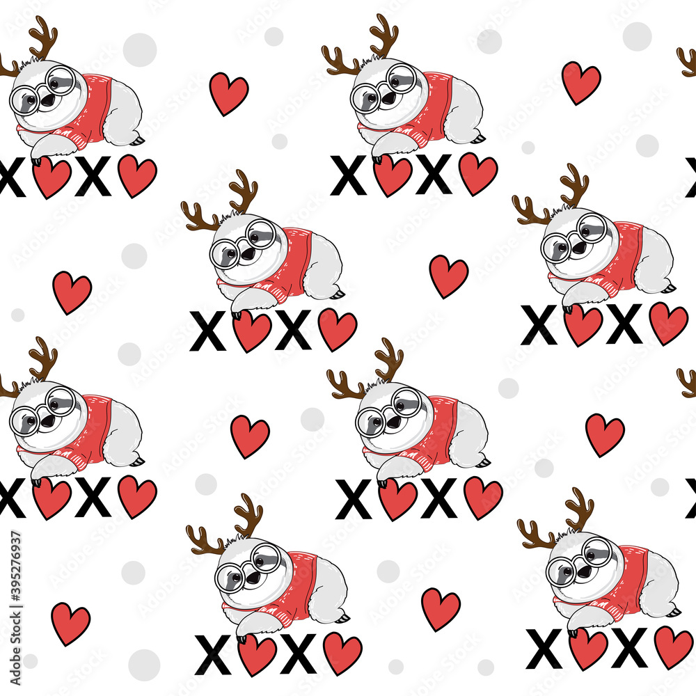 Fototapeta premium Vector illustration with christmas sloth with deer antlers and inscription xo xo seamless pattern