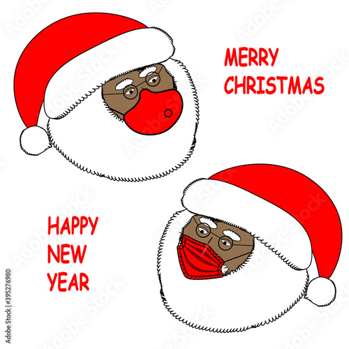 Christmas or New Year card with two Santa Clauses in face medical masks. New normal during coronavirus pandemic.