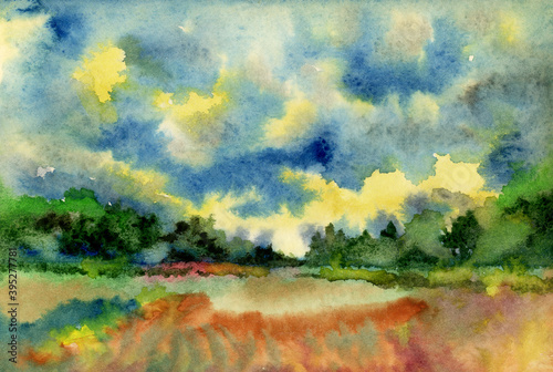 Watercolor landscape. A grove of colorful trees and bushes. Clouds in the sky.