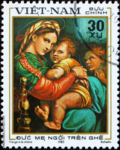 Postage stamp Vietnam 1983 Virgin Mother seated on chair, by Rap