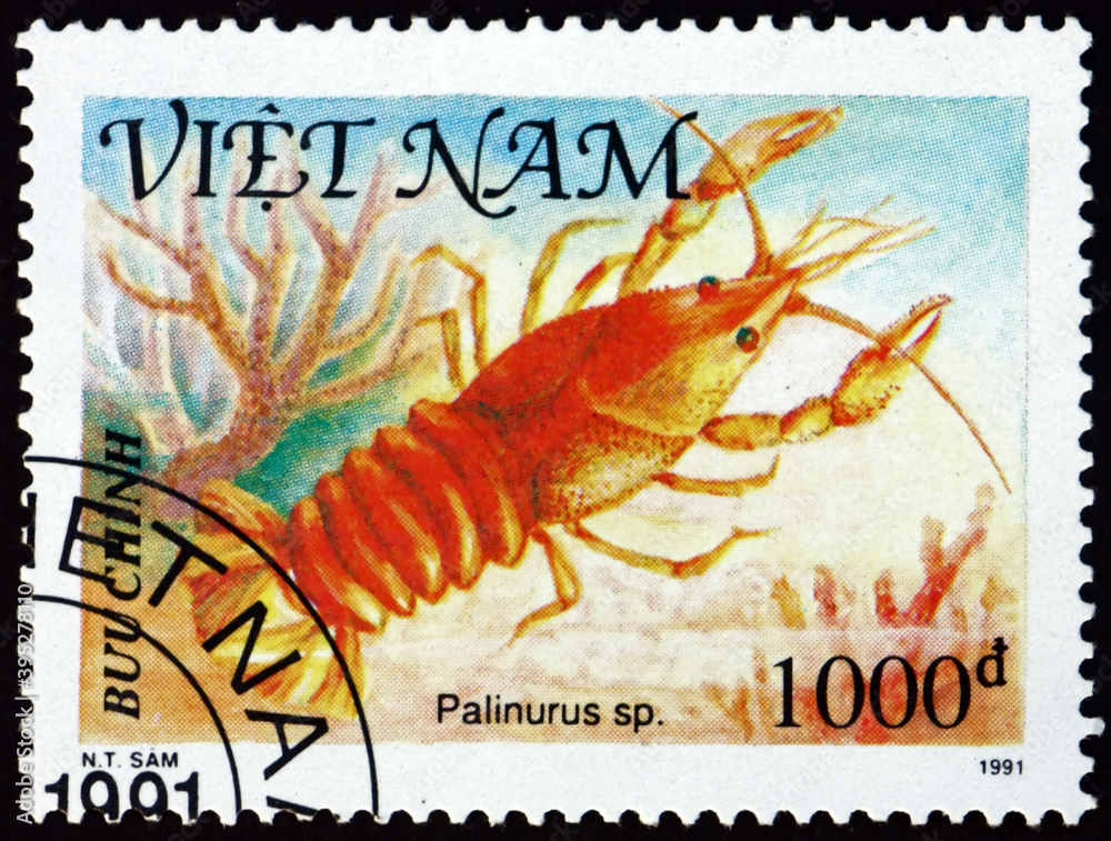 Obraz premium Postage stamp Vietnam 1991 palinurus, shellfish