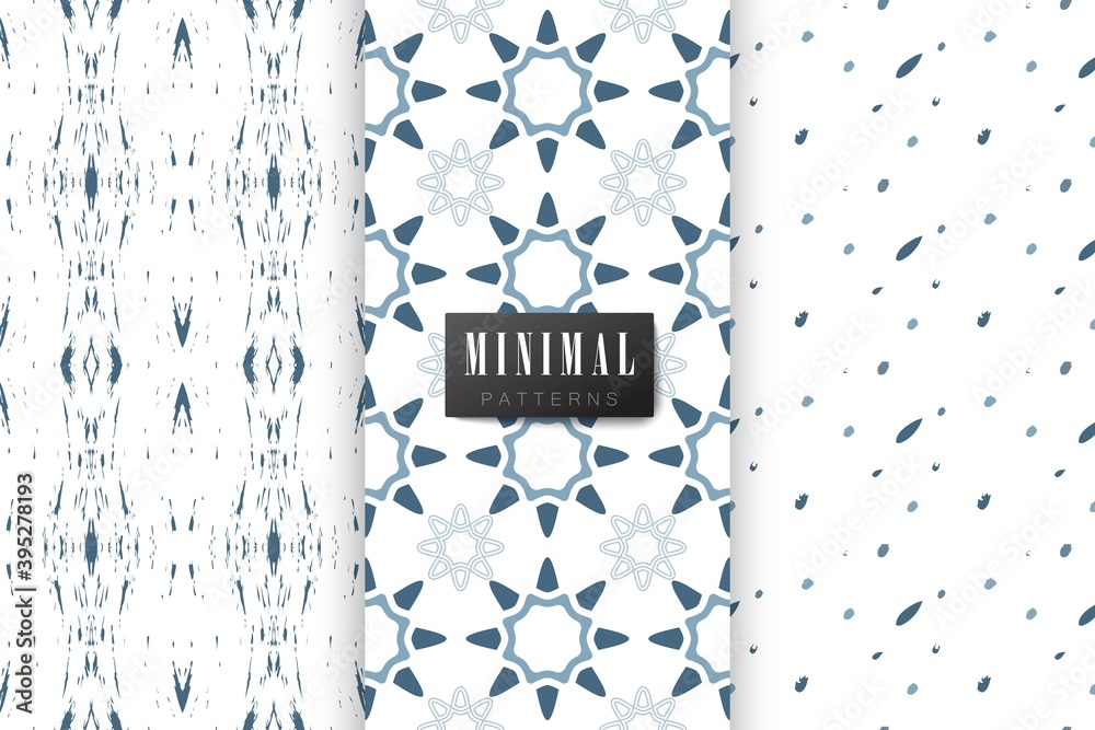 Collection of seamless patterns. Minimalistic style. Blue and white colour. Vector illustation