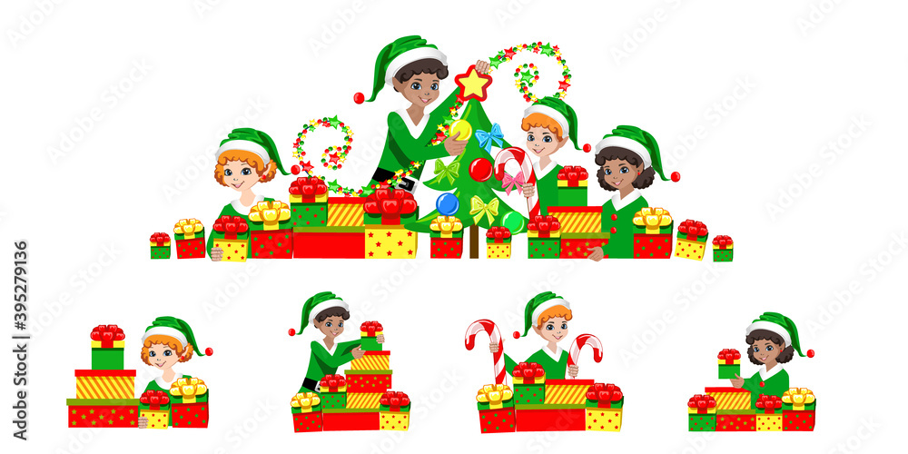 Vector set of happy Christmas elf with gifts, sweets and decorations. Merry Christmas and Happy New Year. Vector set of happy Christmas elf with gifts, sweets and decorations. Merry Christmas and Happy New Year.