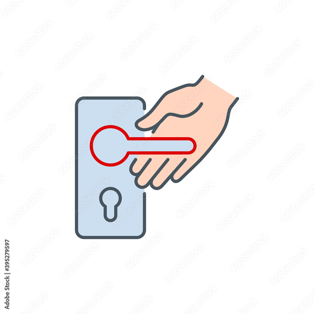 do not touch doorhandle single line icon isolated on white. Perfect outline symbol Prevention Coronavirus Covid 19 banner. warning element avoid indirect contact with infected surface editable Stroke do not touch doorhandle single line icon isolated on white. Perfect outline symbol Prevention Coronavirus Covid 19 banner. warning element avoid indirect contact with infected surface editable Stroke
