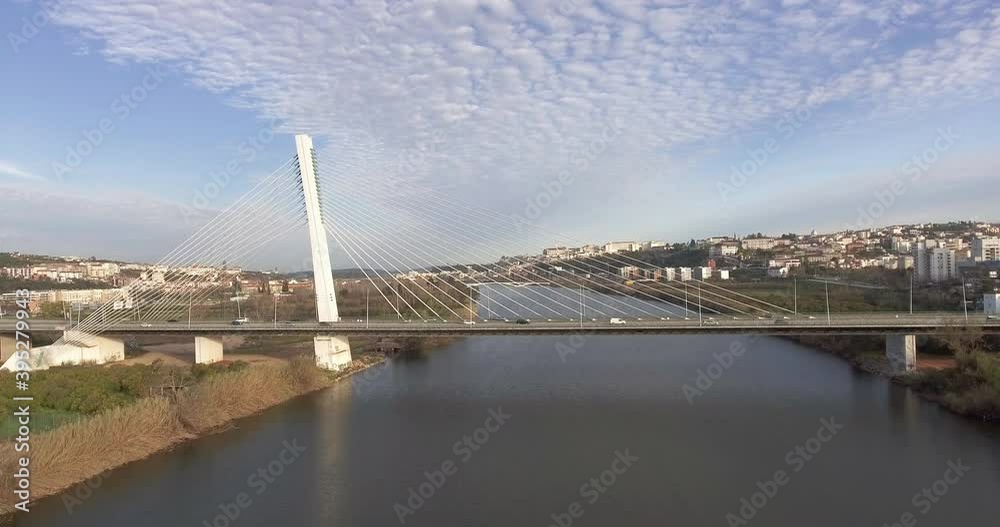 Vehicles At Rainha Santa Isabel Bridge In Coimbra, Portugal - drone pullback