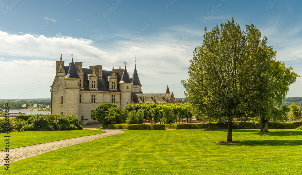 Beautiful garden and Castle Chateau d'Amboise by sunny day, Loire Valley, France.