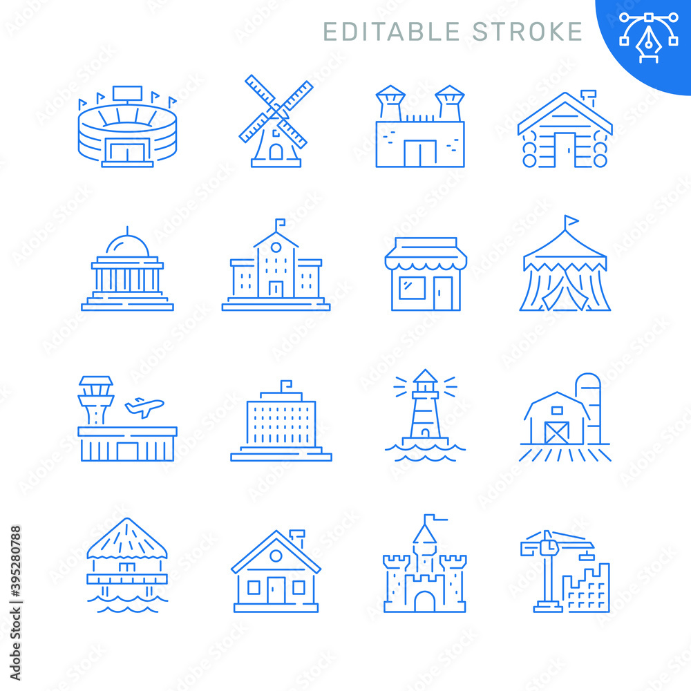 Buildings related icons. Editable stroke. Thin vector icon set