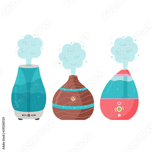 Air humidifier set. Microclimate home appliances. Ecological system for humidifying dry air. Modern vector flat illustration