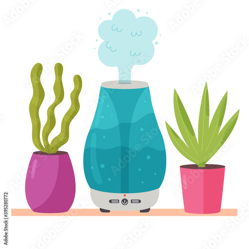 Humidifier with plants. Microclimate home appliances. Ecological system for humidifying dry air. Modern vector flat illustration