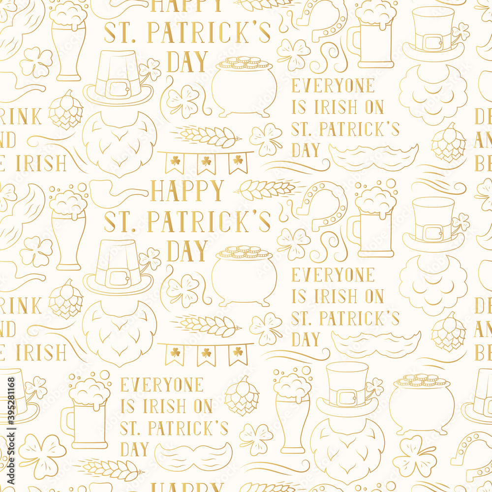 Seamless pattern with golden Saint Patrick Day elements and quotes in outline. Spring holiday background with gold clover, hat, horseshoe, leprechaun beard. Seamless pattern with golden Saint Patrick Day elements and quotes in outline. Spring holiday background with gold clover, hat, horseshoe, leprechaun beard.