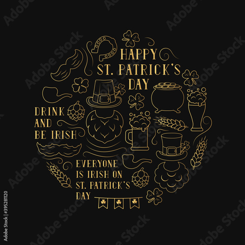 Happy Saint Patrick Day golden border. Irish holiday gold frame with lettering, clover, hat, horseshoe, leprechaun beard, beer.