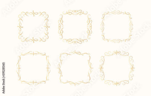 Hand drawn golden vignette swirl borders in royal style. Set of vector isolated vintage certificate frames for invitation card. Calligraphic gold scrolls.