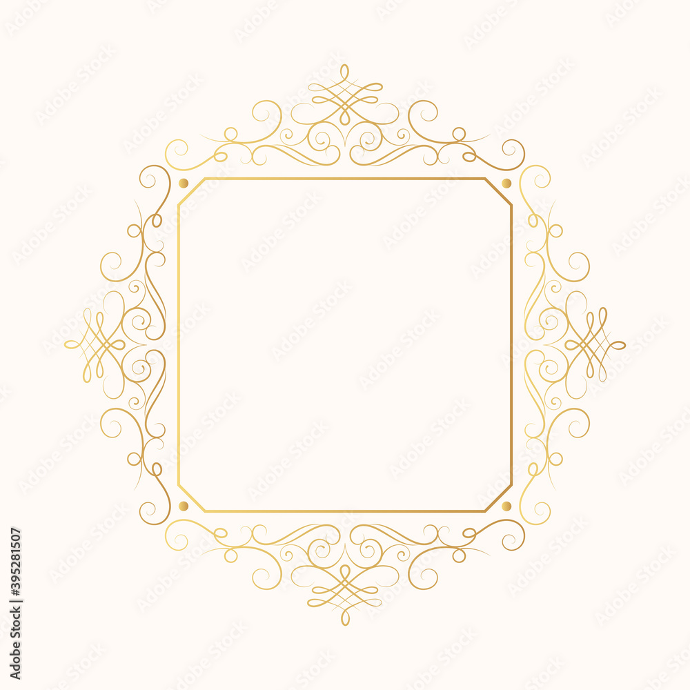 Hand drawn golden elegant swirl border with filigree curves. Vector isolated vintage certificate frame. Calligraphic gold scrolls for invitation card.