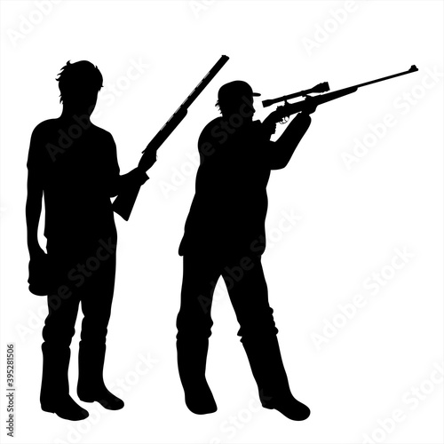 Vector silhouette of hunter hunting with gun. Symbol of killing animals.