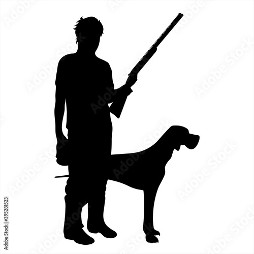 Vector silhouette of hunter with dog hunting with gun. Symbol of killing animals.