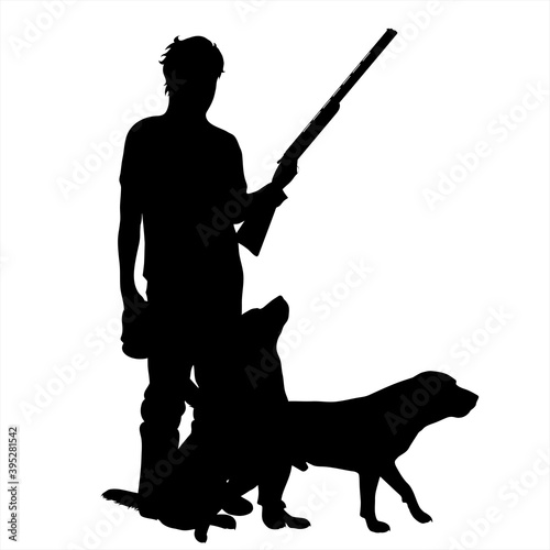 Vector silhouette of hunter with dog hunting with gun. Symbol of killing animals.