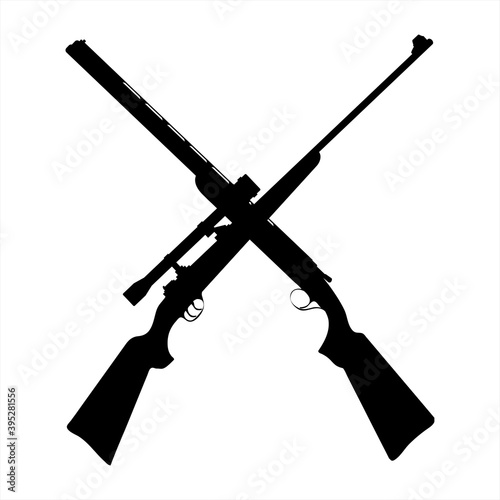 Vector silhouette of crossing guns like symbol of hunting. Army and sniper logo.